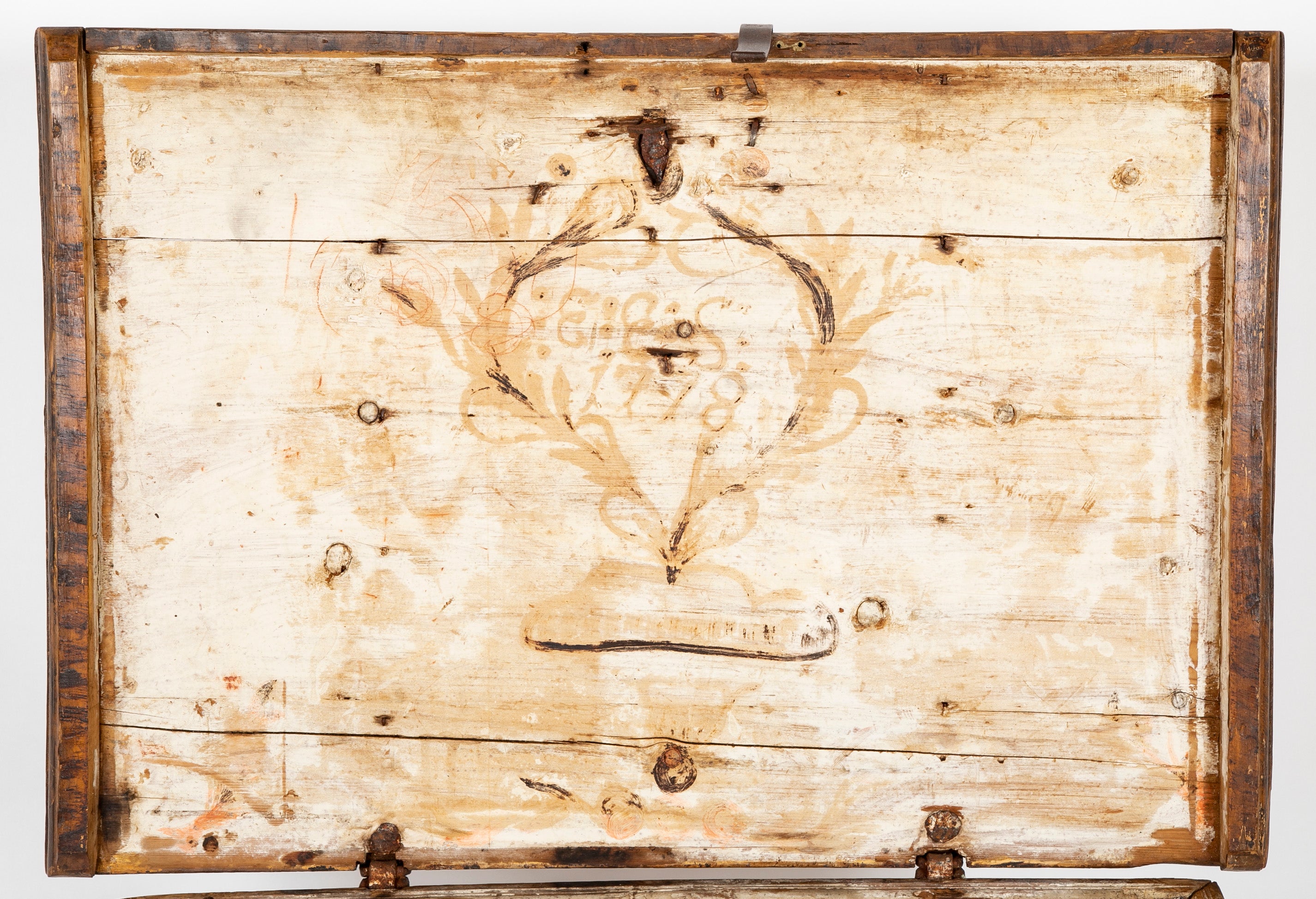 A Faux Grain Pine & Hand Wrought Metal Trunk Marked 1778