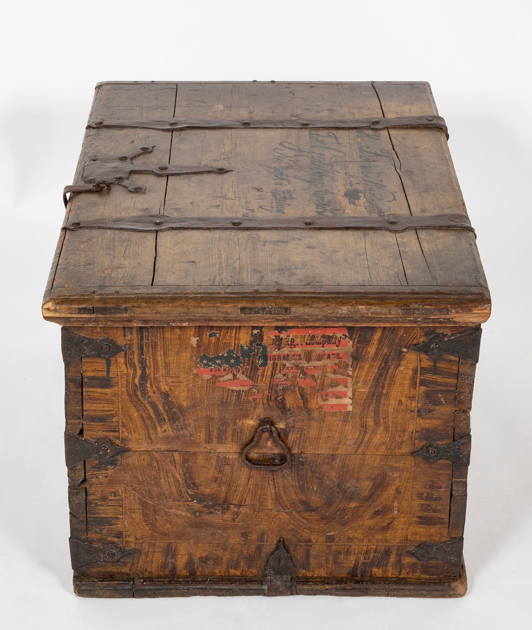 A Faux Grain Pine & Hand Wrought Metal Trunk Marked 1778