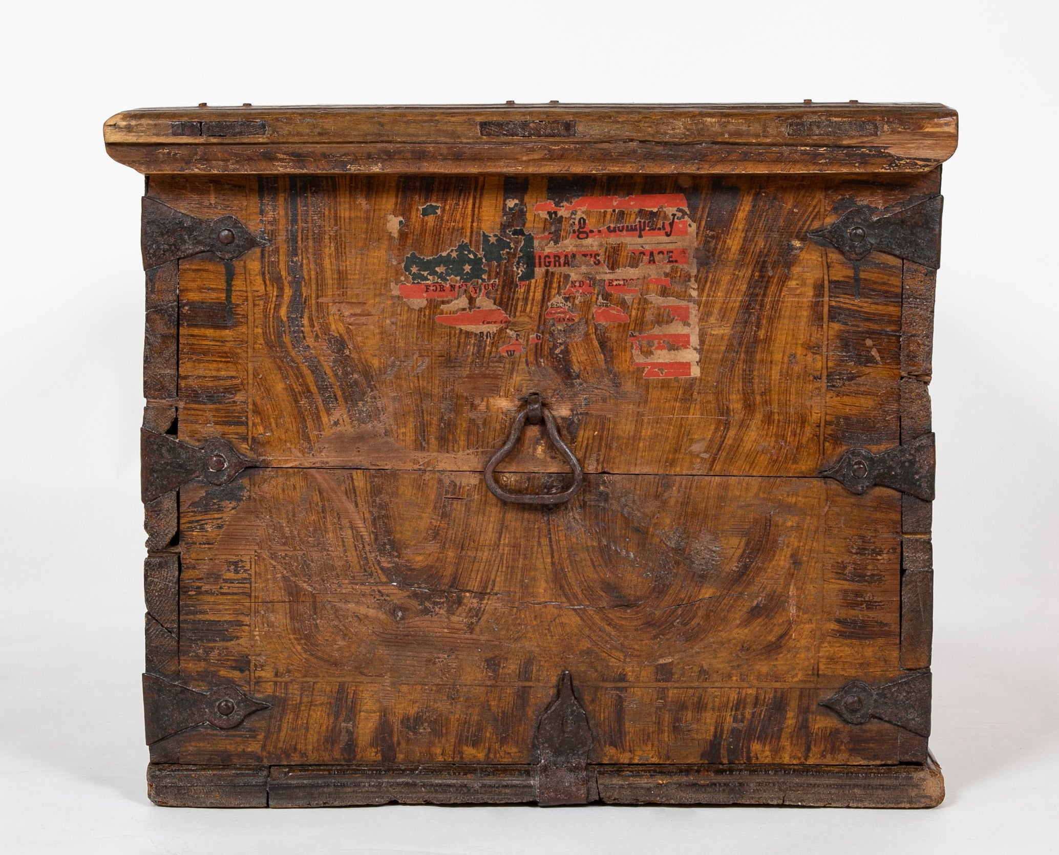 A Faux Grain Pine & Hand Wrought Metal Trunk Marked 1778