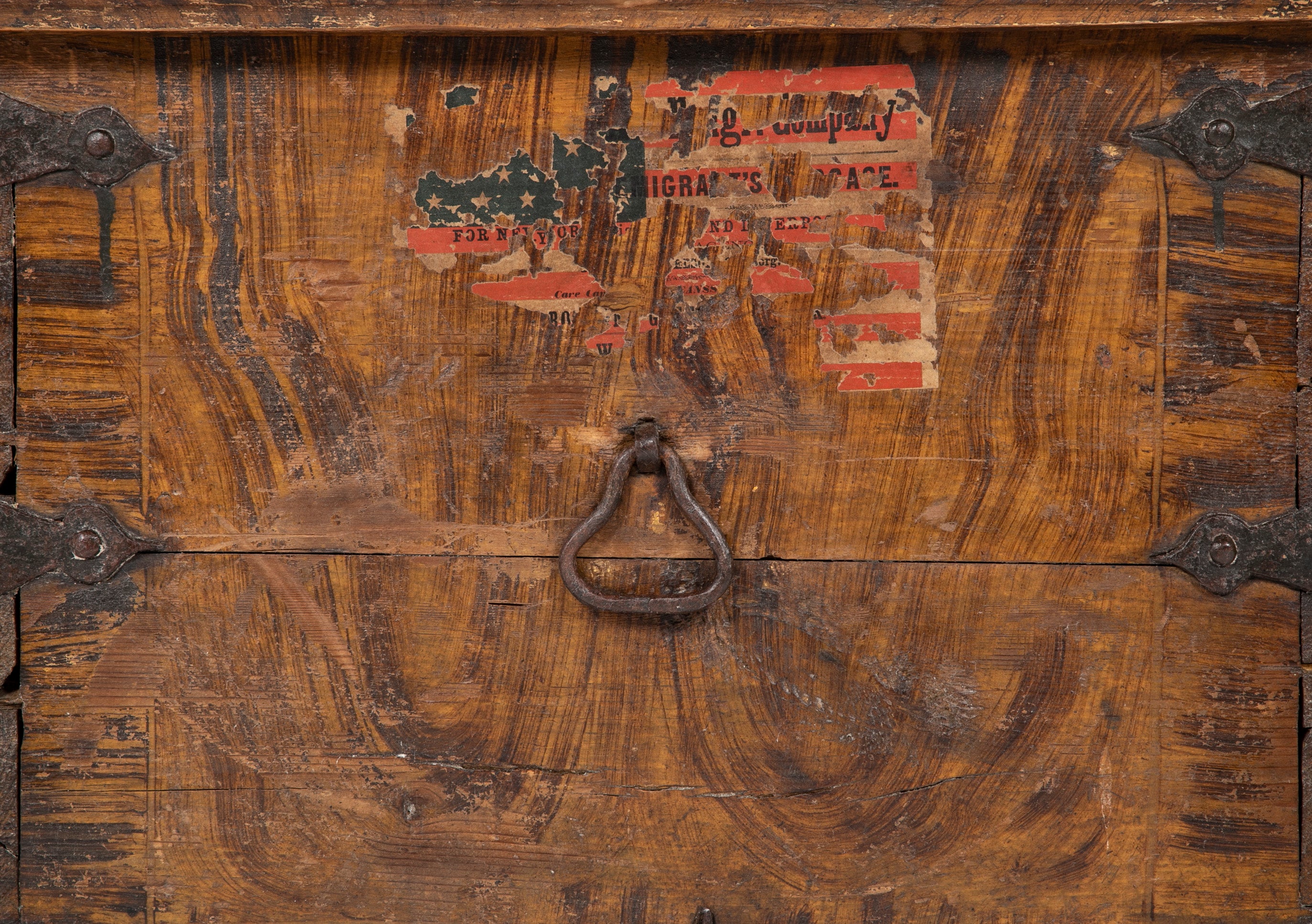 A Faux Grain Pine & Hand Wrought Metal Trunk Marked 1778