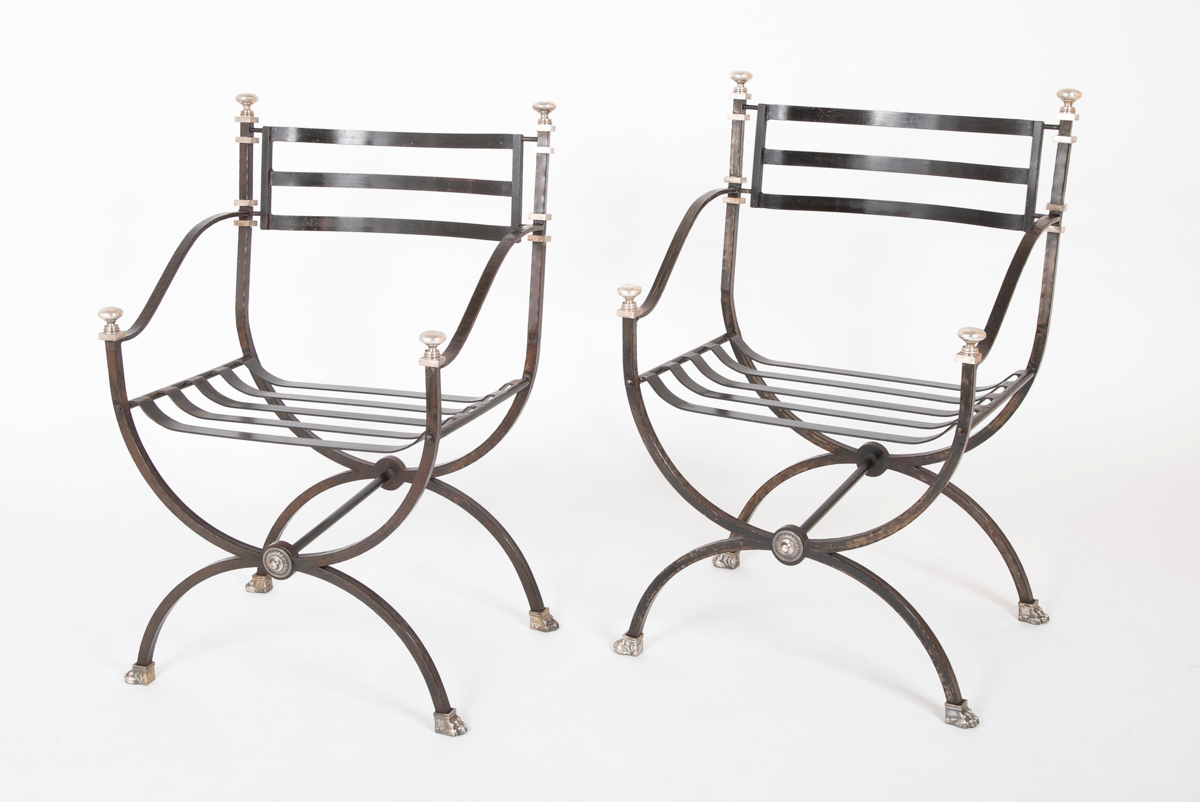 Pair of French 20th Century Maison Jansen Black Painted Iron Armchairs