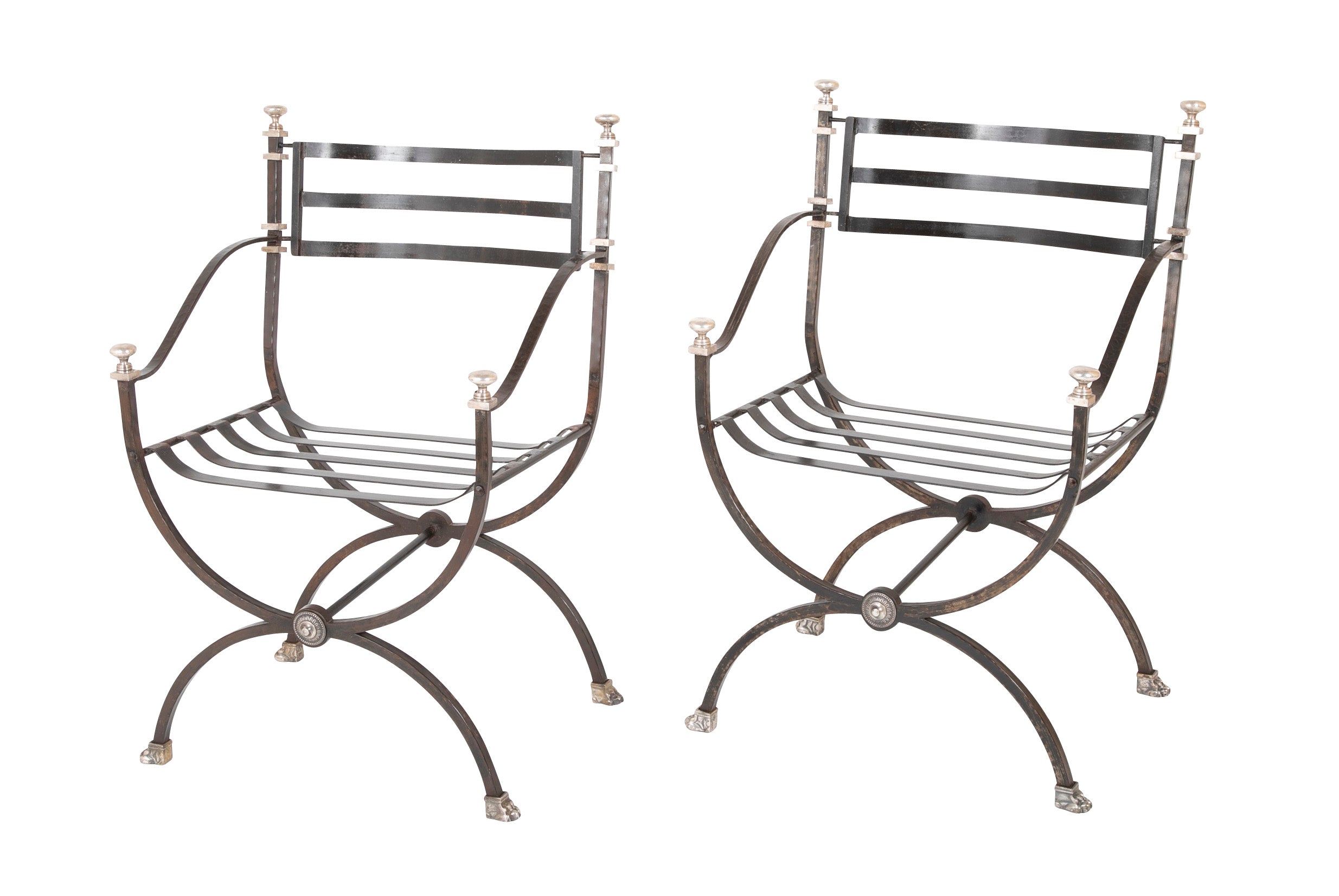 Pair of French 20th Century Maison Jansen Black Painted Iron Armchairs