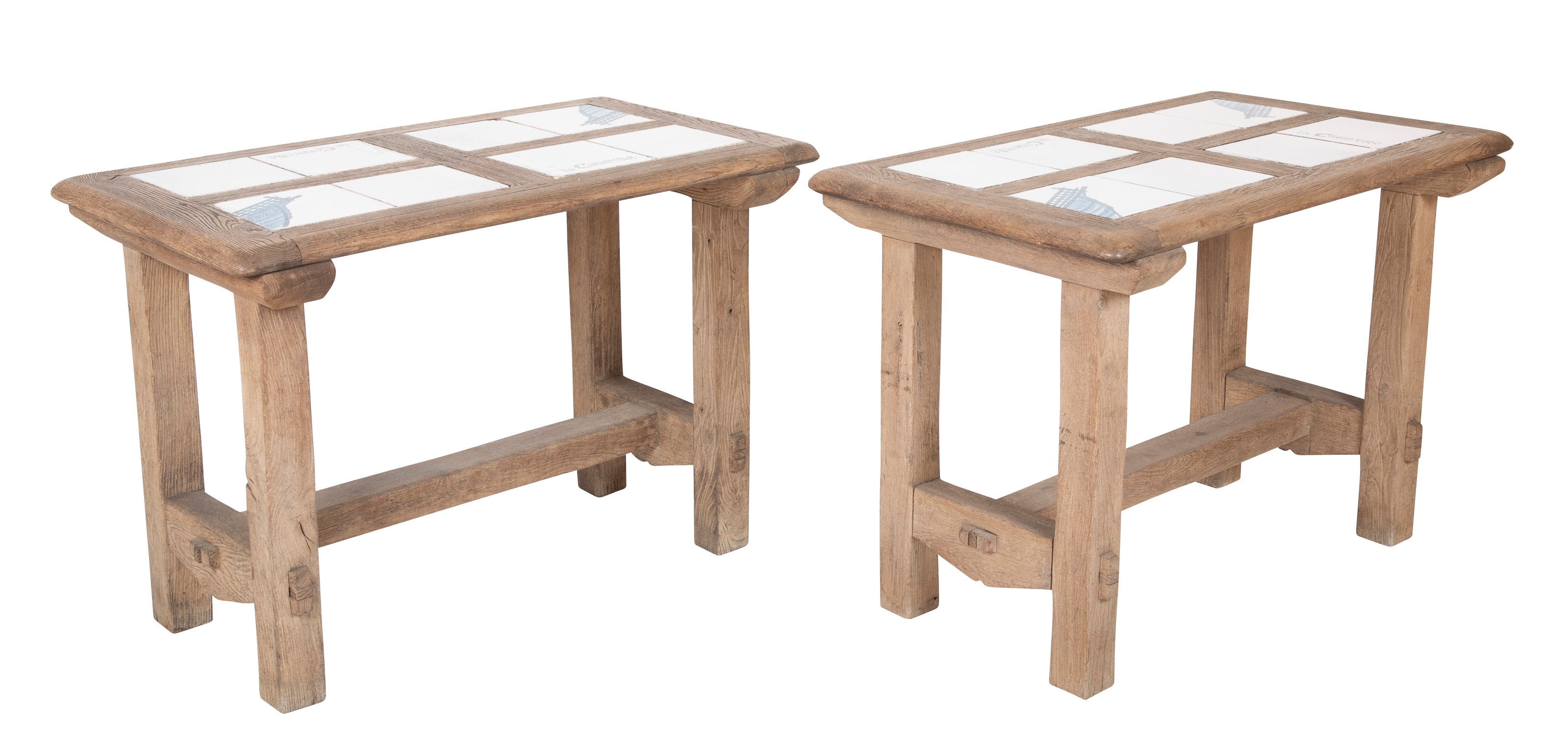 Pair of French Arts & Crafts Tile Inlaid Oak Tables