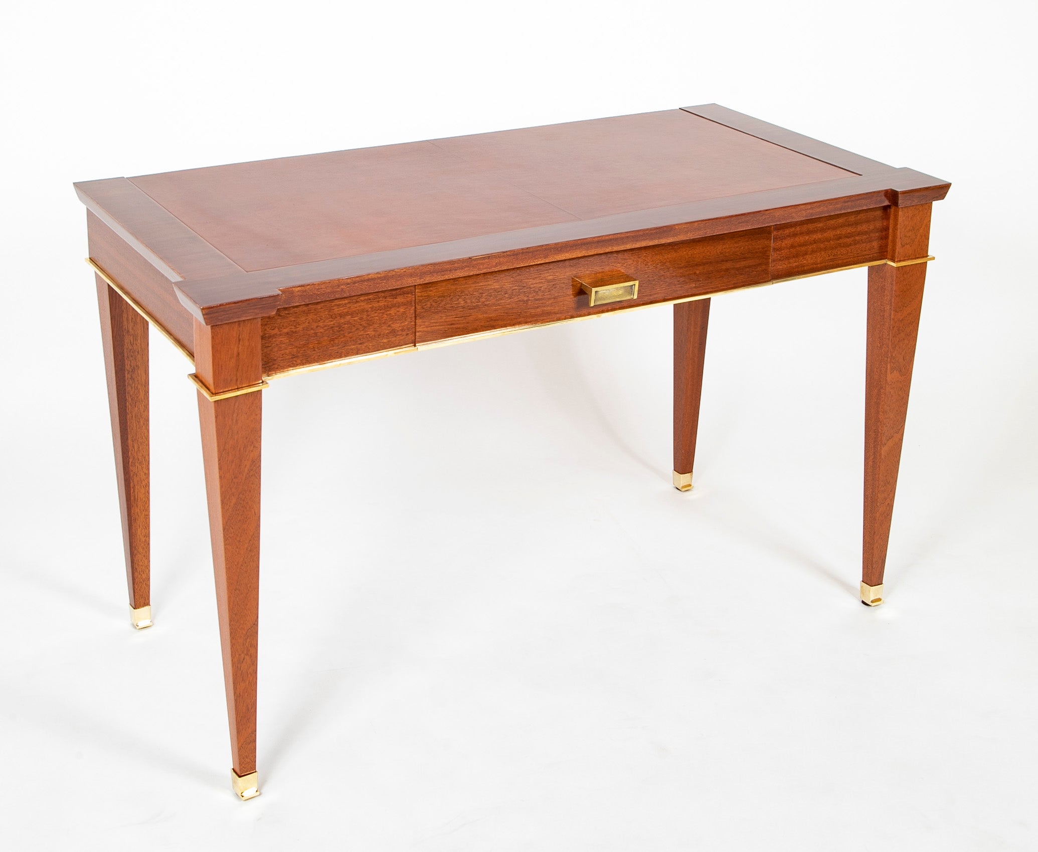 Jacques Quinet Leather Top Sapele Wood Desk with Bronze Accents