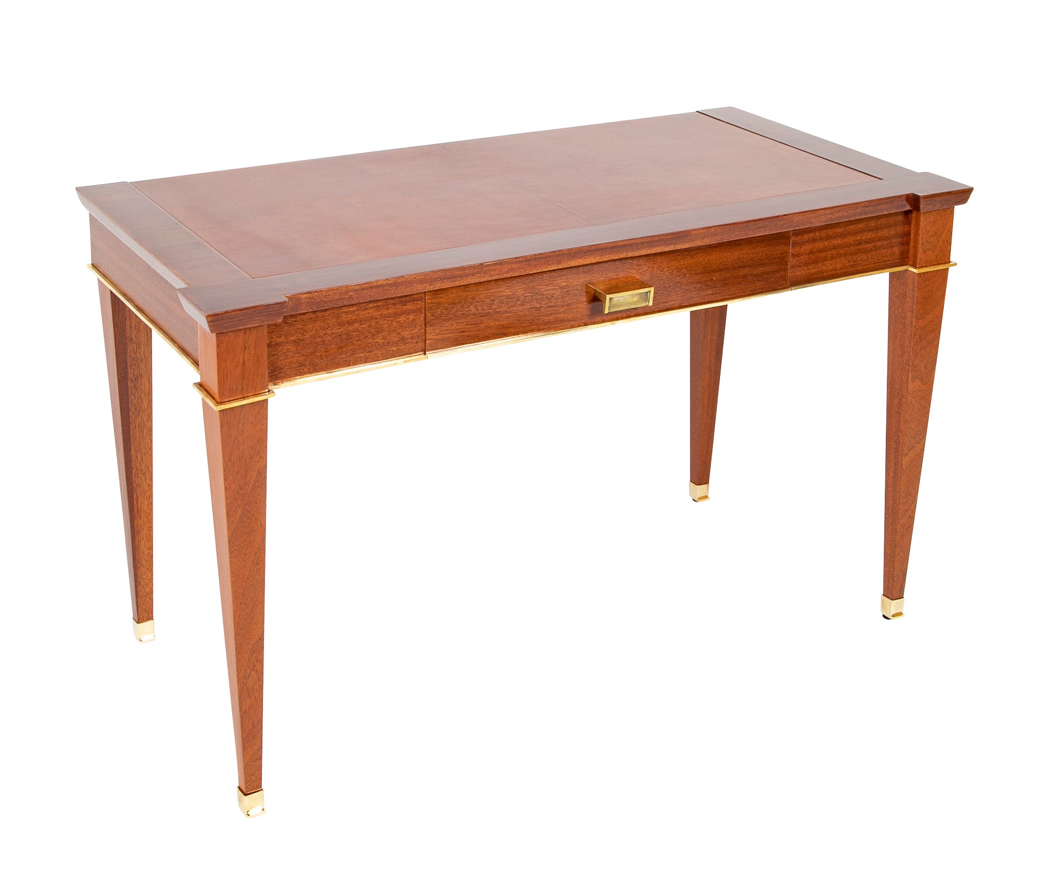 Jacques Quinet Leather Top Sapele Wood Desk with Bronze Accents