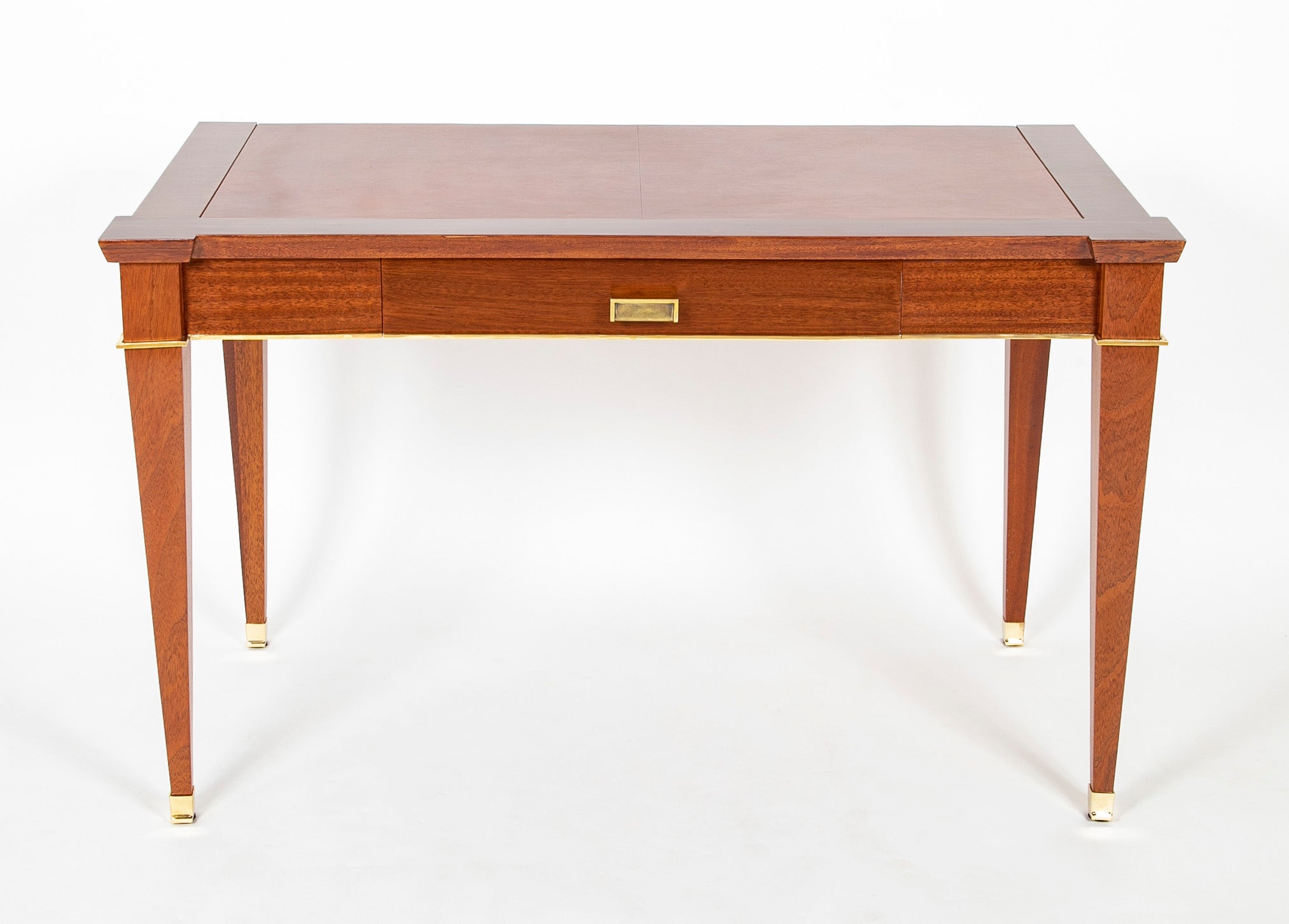 Jacques Quinet Leather Top Sapele Wood Desk with Bronze Accents