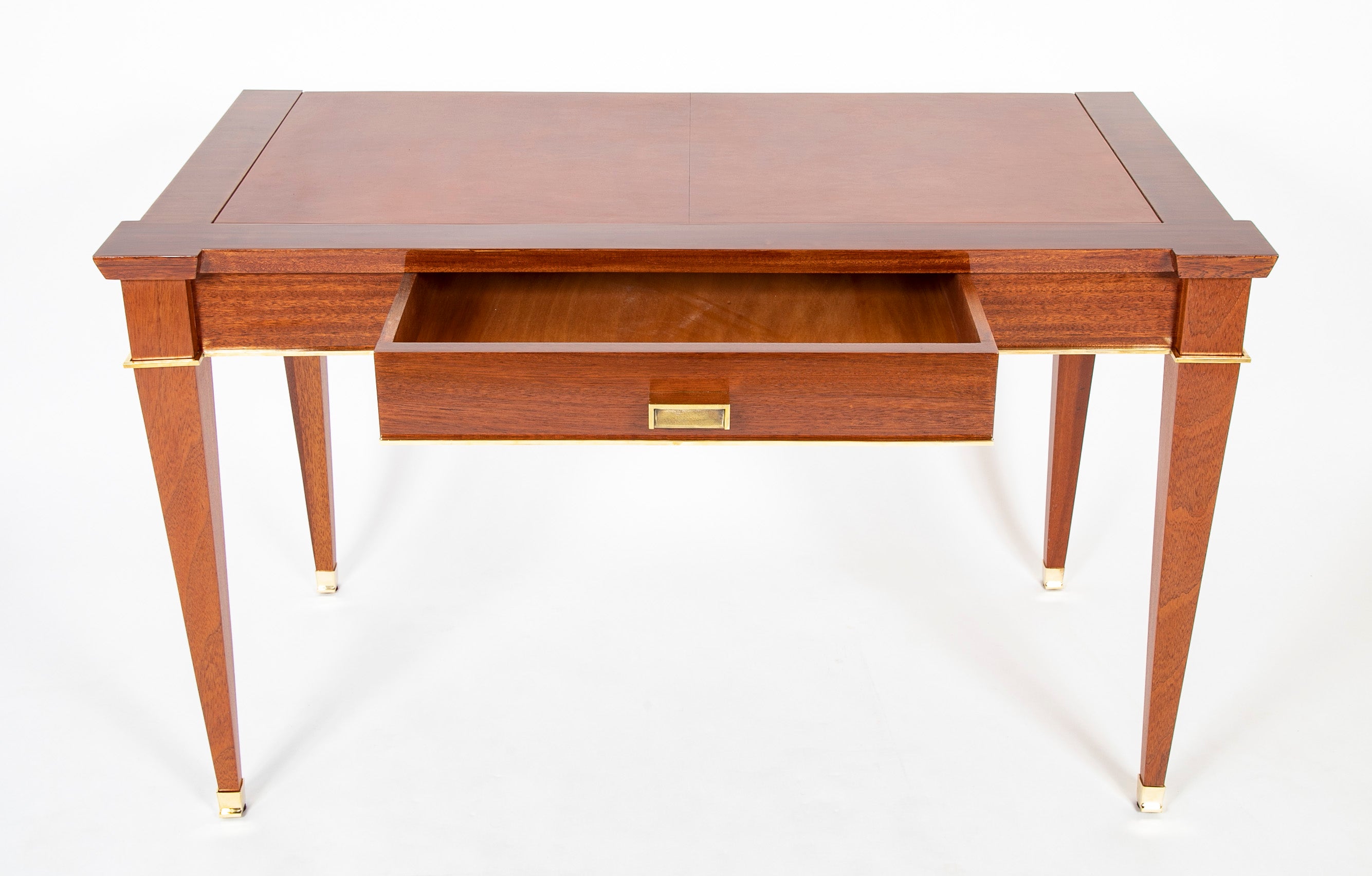 Jacques Quinet Leather Top Sapele Wood Desk with Bronze Accents