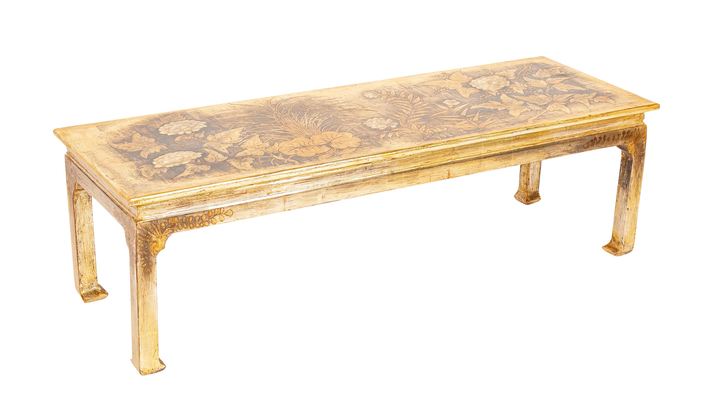 Max Kuehne Carved and Incised Wood Low Table with Gilt & Polycrhome Gessoed Top
