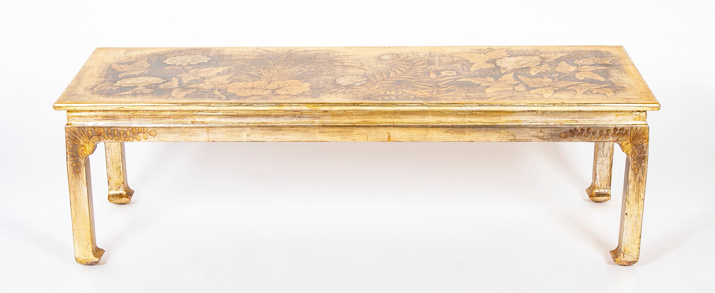Max Kuehne Carved and Incised Wood Low Table with Gilt & Polycrhome Gessoed Top