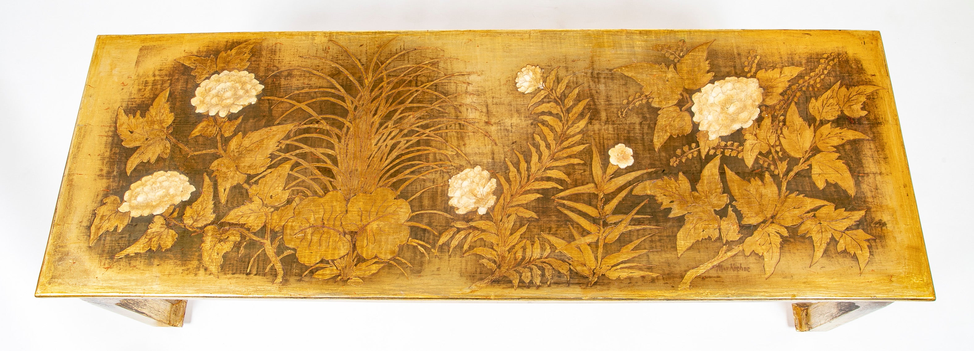 Max Kuehne Carved and Incised Wood Low Table with Gilt & Polycrhome Gessoed Top