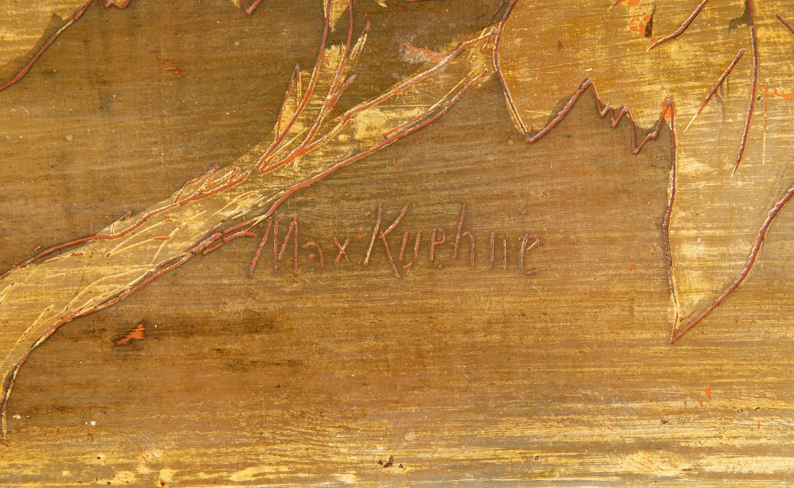 Max Kuehne Carved and Incised Wood Low Table with Gilt & Polycrhome Gessoed Top