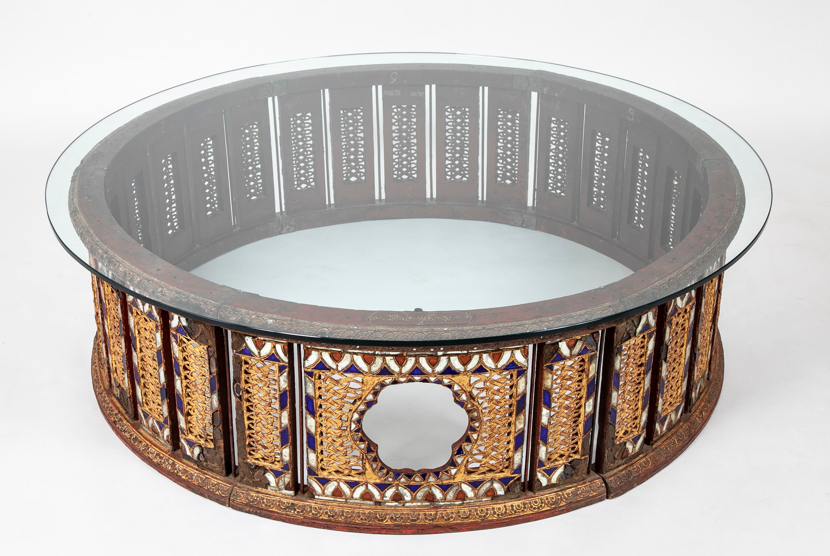 19th Burmese Inlaid Mosaic Round Glass Topped Coffee Table