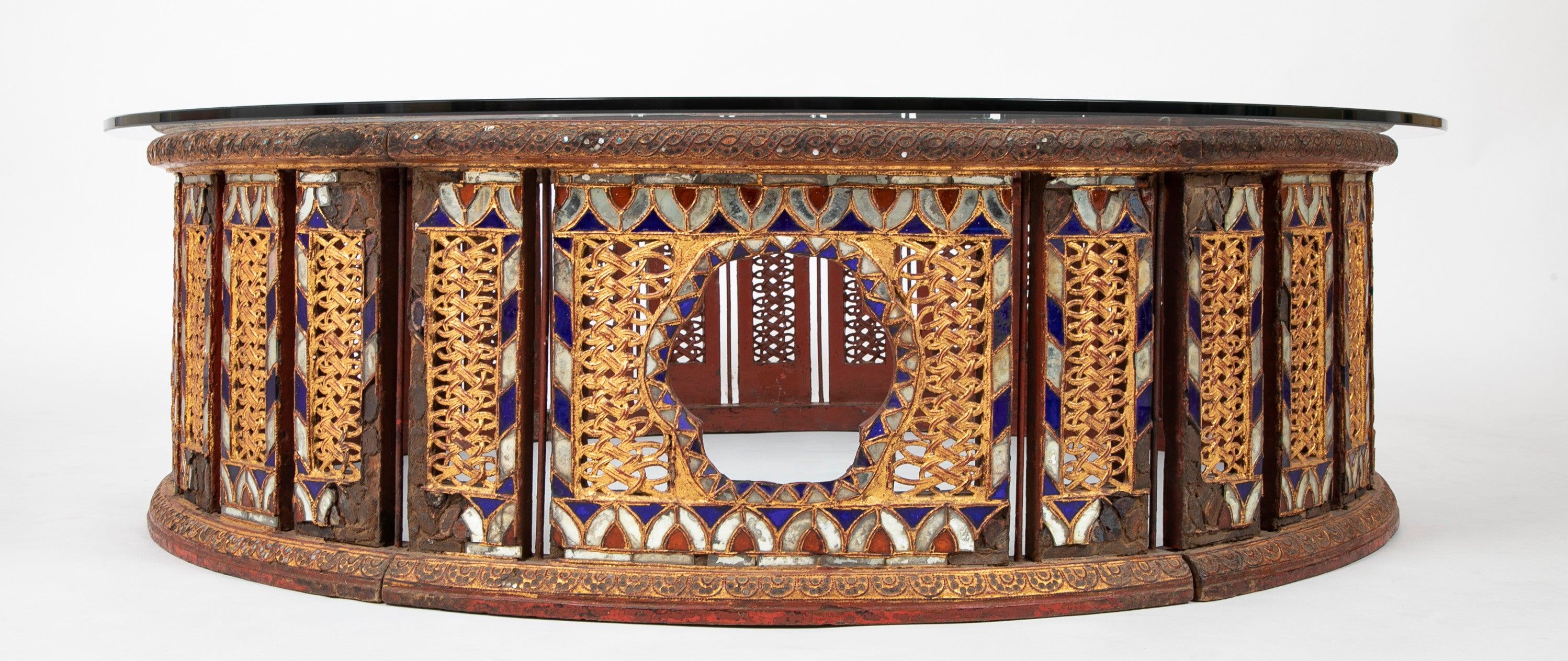 19th Burmese Inlaid Mosaic Round Glass Topped Coffee Table