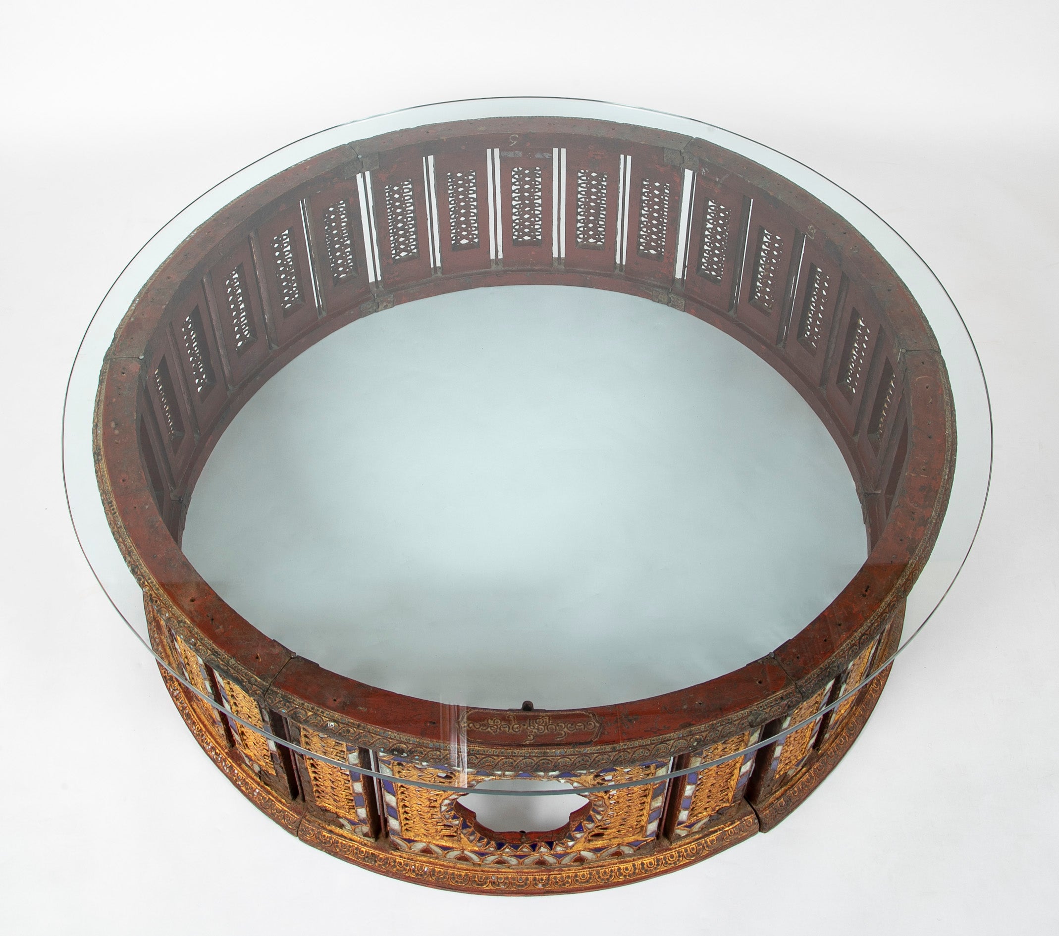 19th Burmese Inlaid Mosaic Round Glass Topped Coffee Table