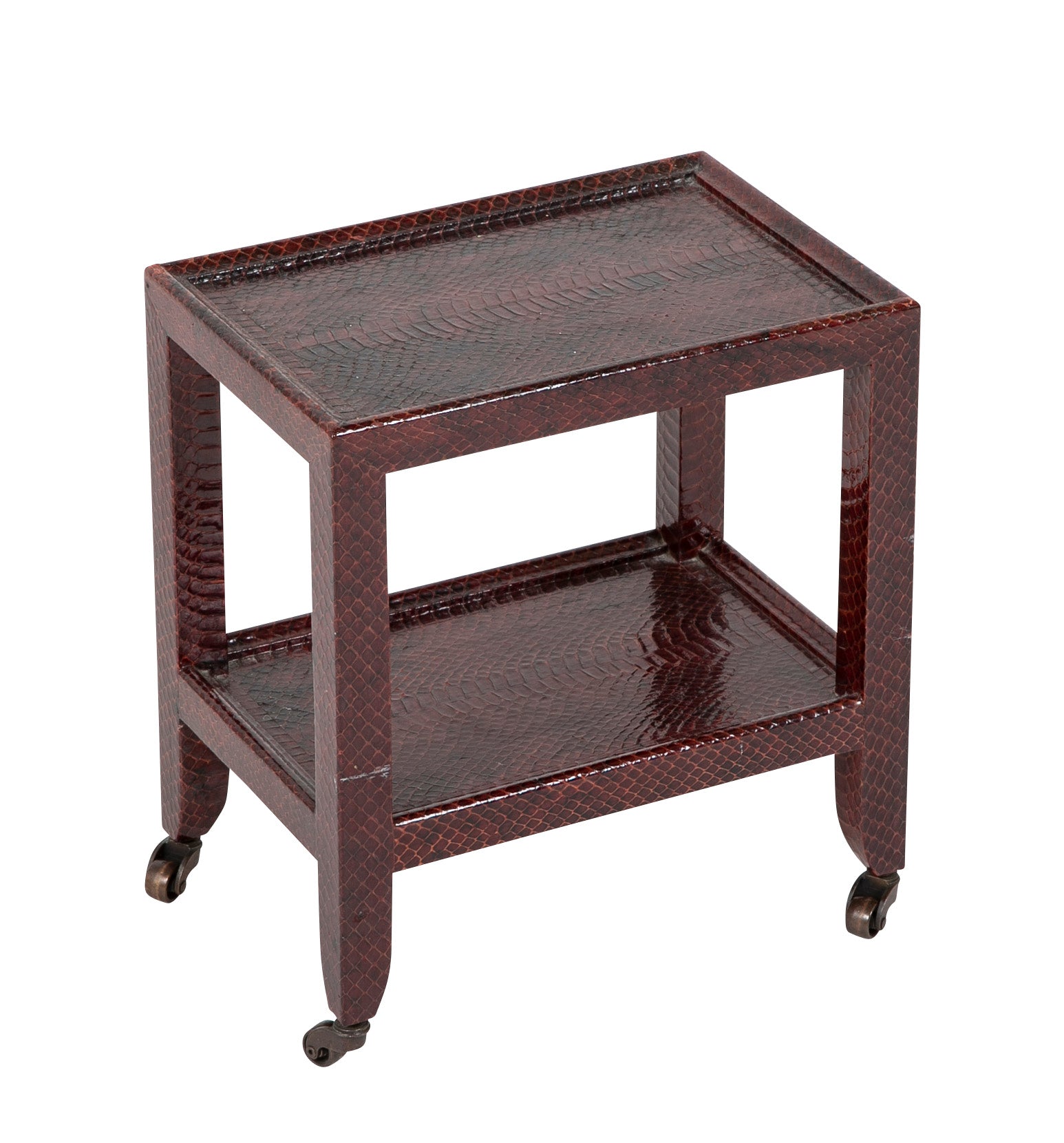 A Karl Springer Snake Skin Occasional 2 Tier Table on Wheels