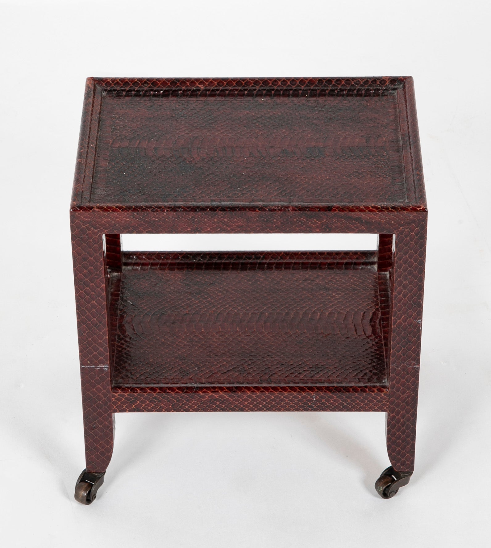 A Karl Springer Snake Skin Occasional 2 Tier Table on Wheels