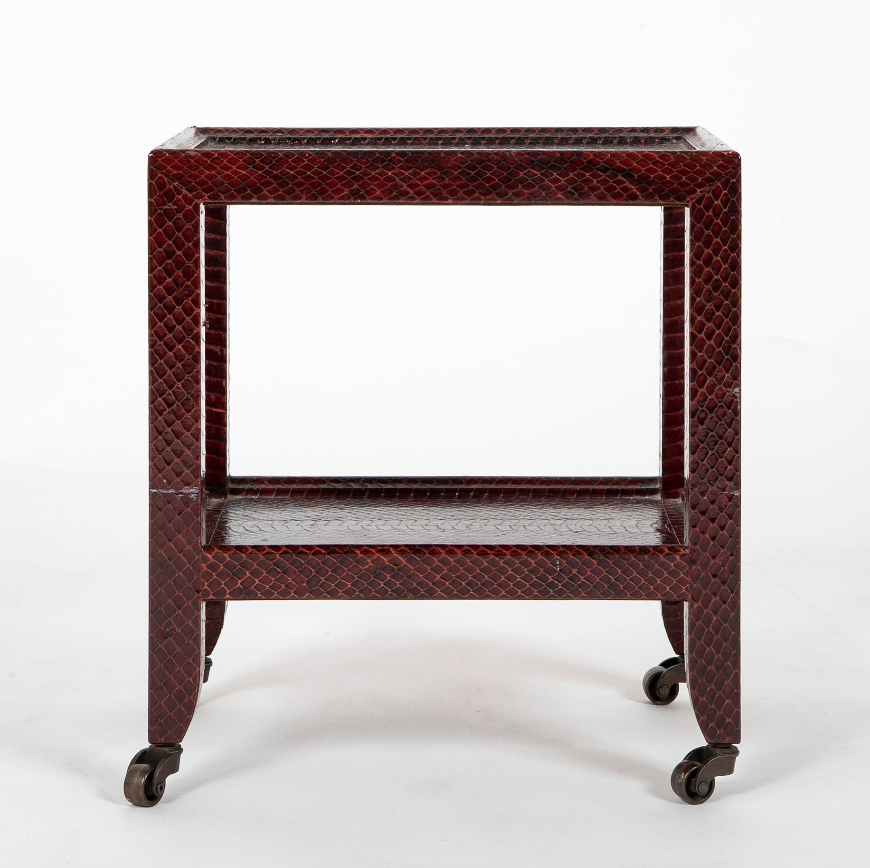 A Karl Springer Snake Skin Occasional 2 Tier Table on Wheels