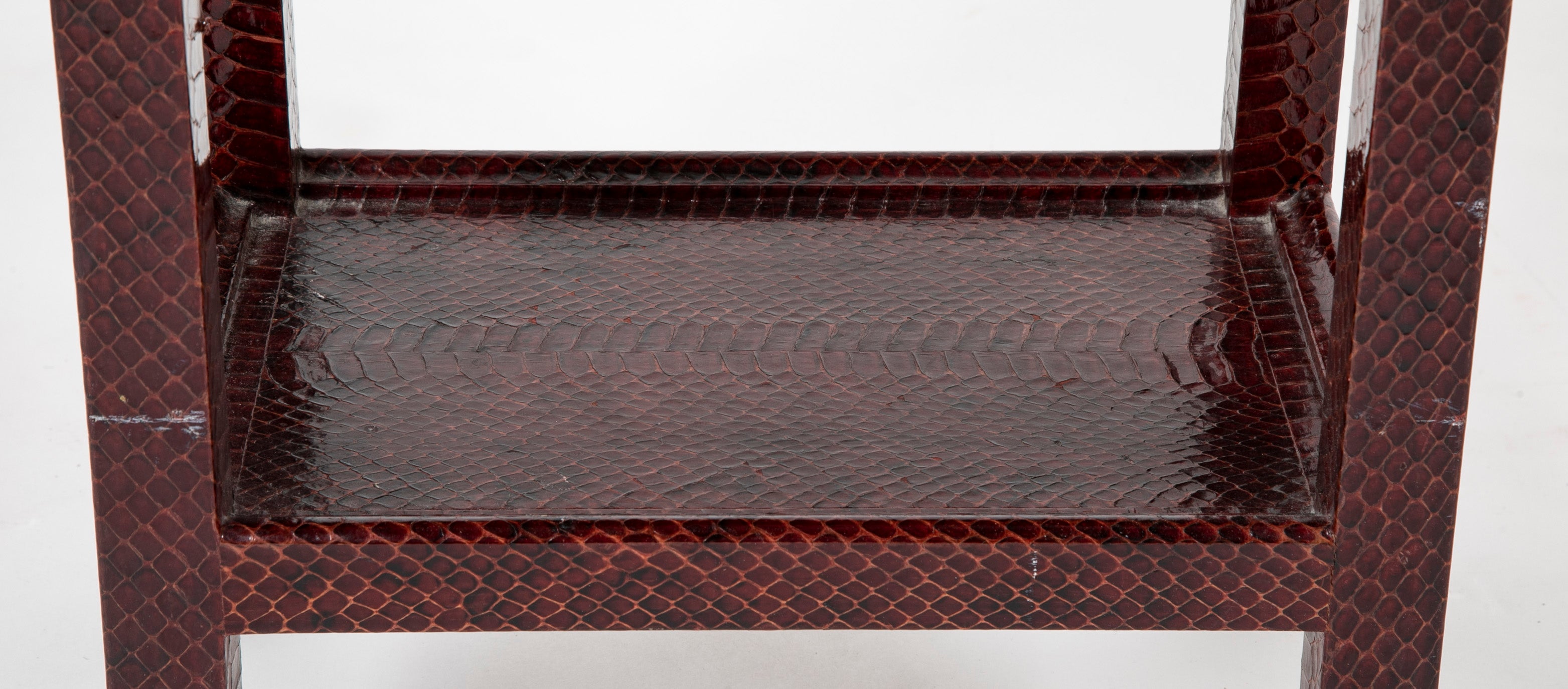 A Karl Springer Snake Skin Occasional 2 Tier Table on Wheels