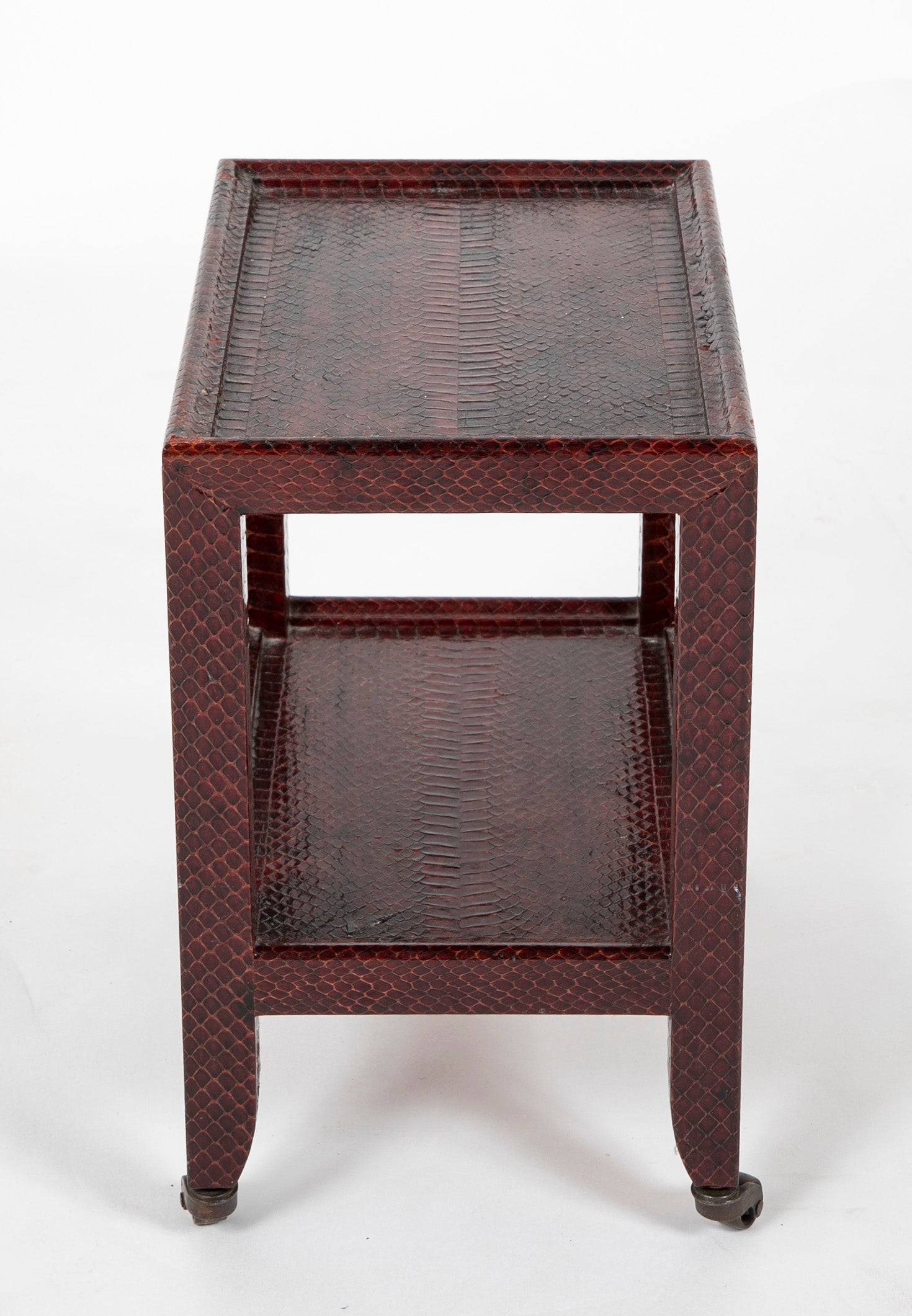 A Karl Springer Snake Skin Occasional 2 Tier Table on Wheels