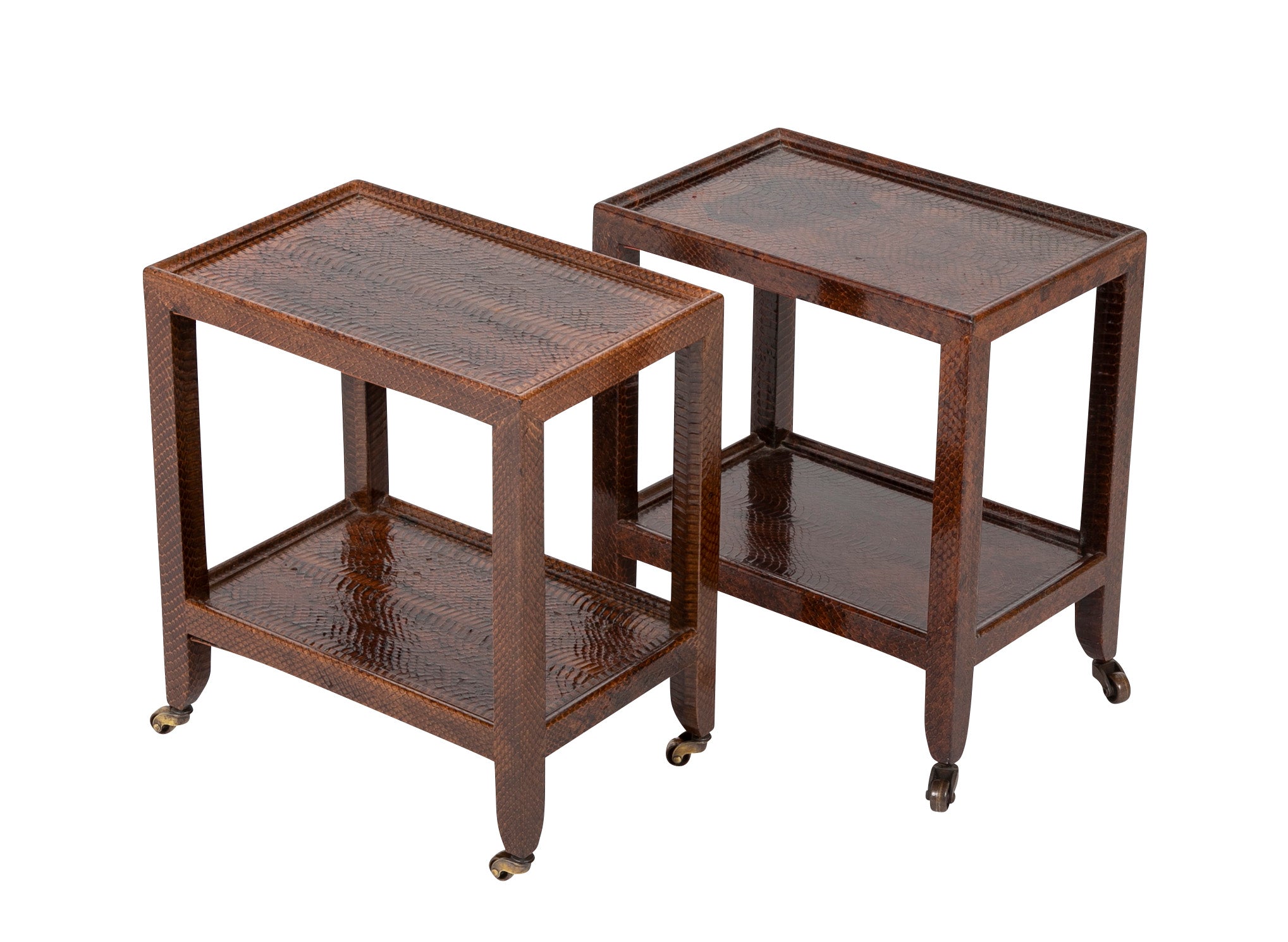Pair of Karl Springer Snake Skin Two Tier Side Tables on Brass Casters