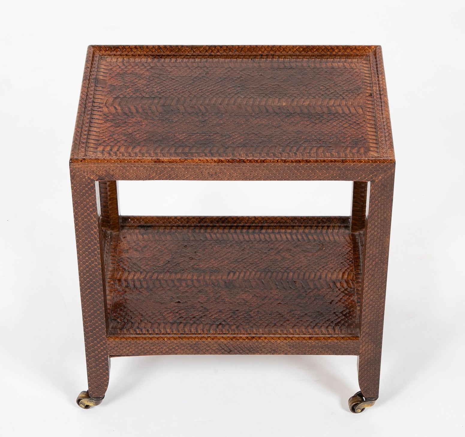 Pair of Karl Springer Snake Skin Two Tier Side Tables on Brass Casters