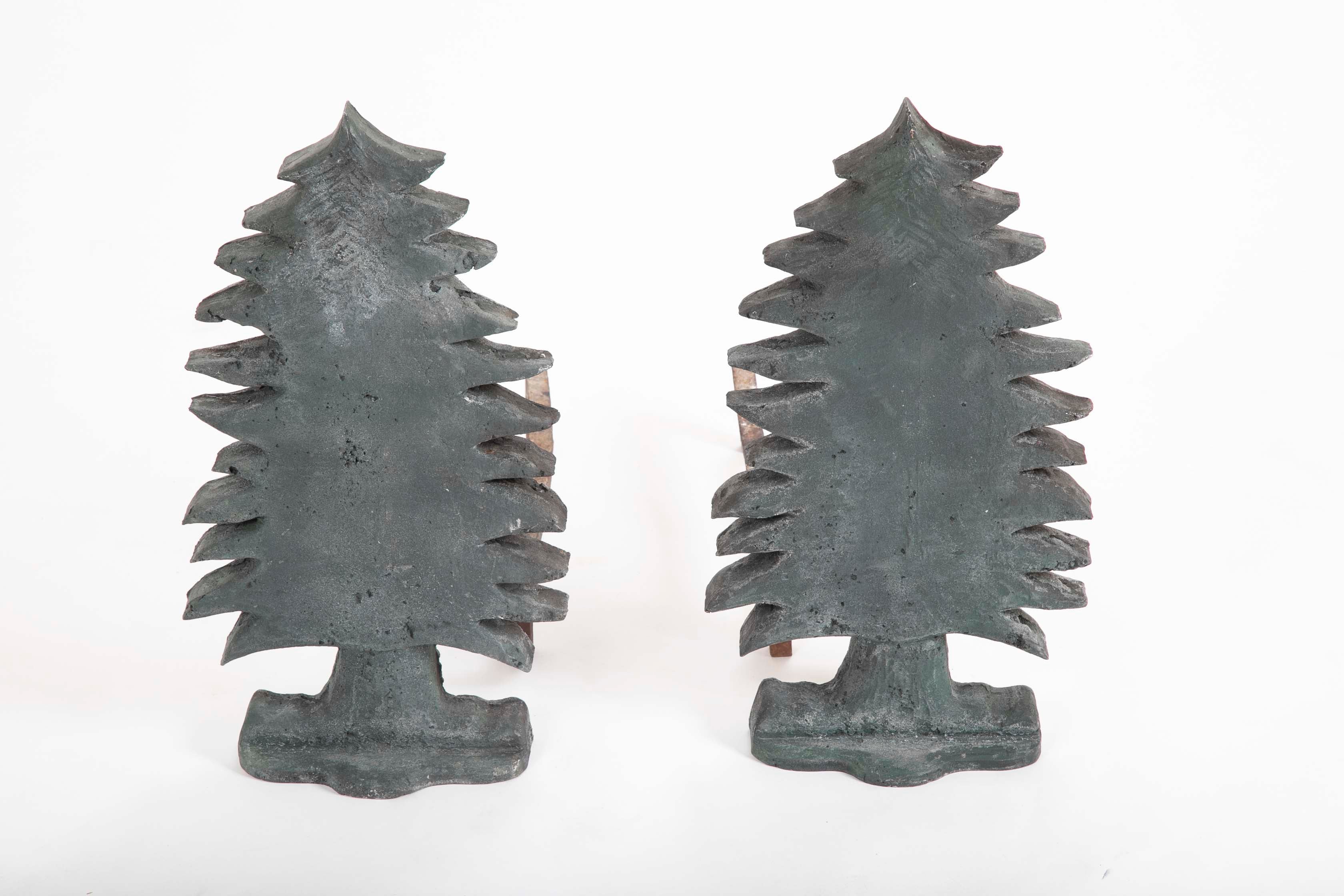 Unique Pair of Vintage Evergreen Tree Form Puddle Cast Iron Andirons