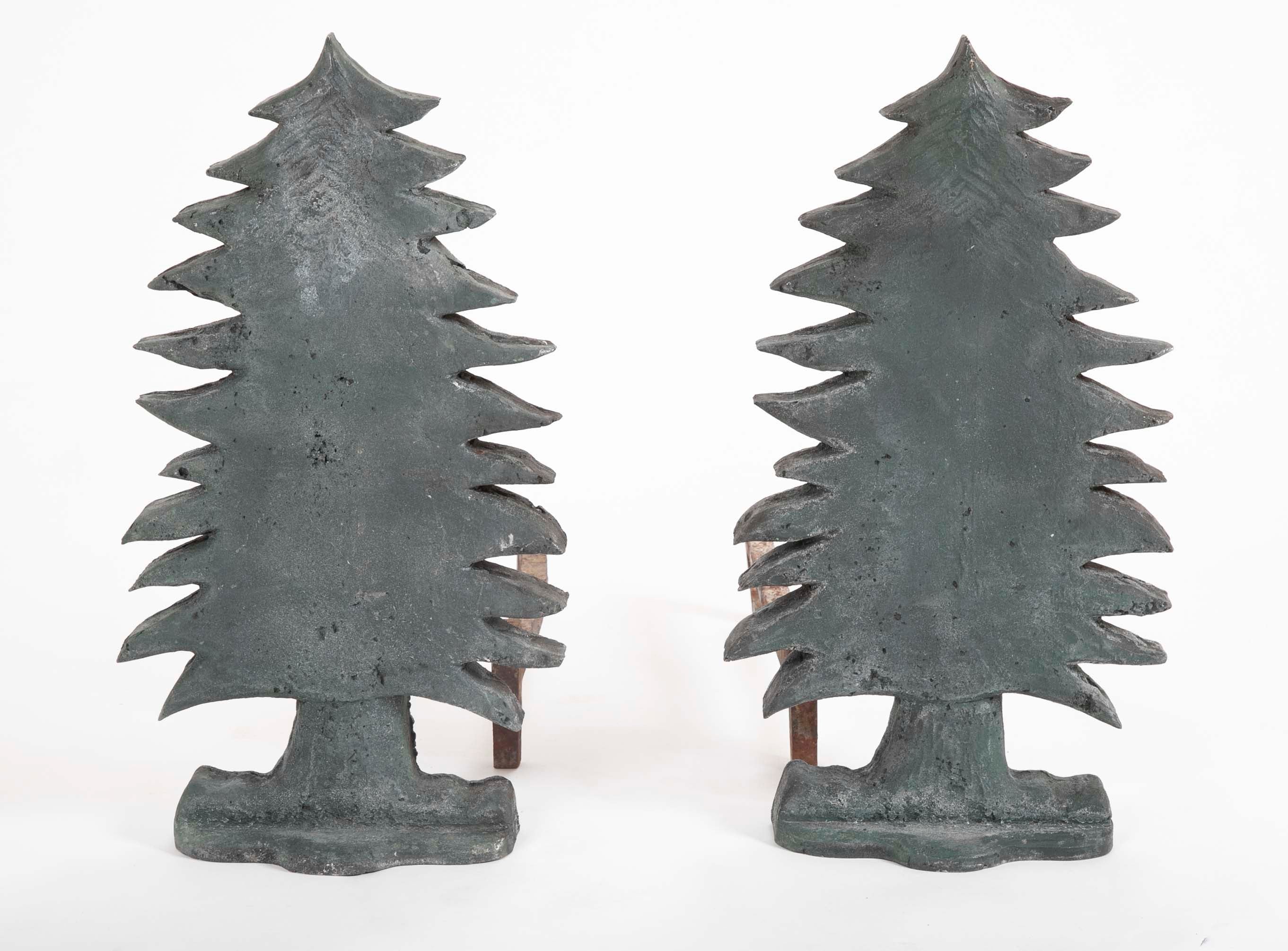 Unique Pair of Vintage Evergreen Tree Form Puddle Cast Iron Andirons