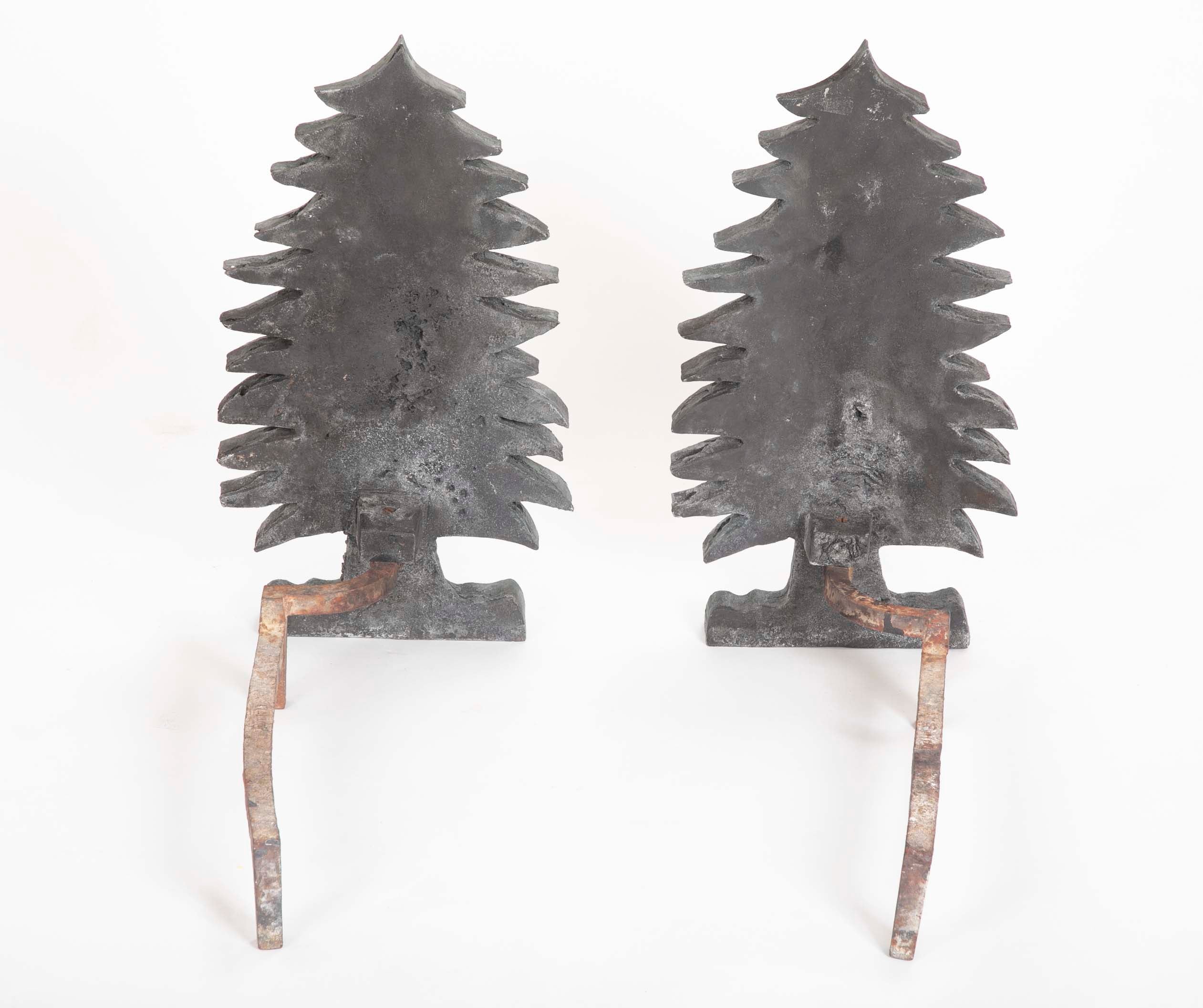 Unique Pair of Vintage Evergreen Tree Form Puddle Cast Iron Andirons