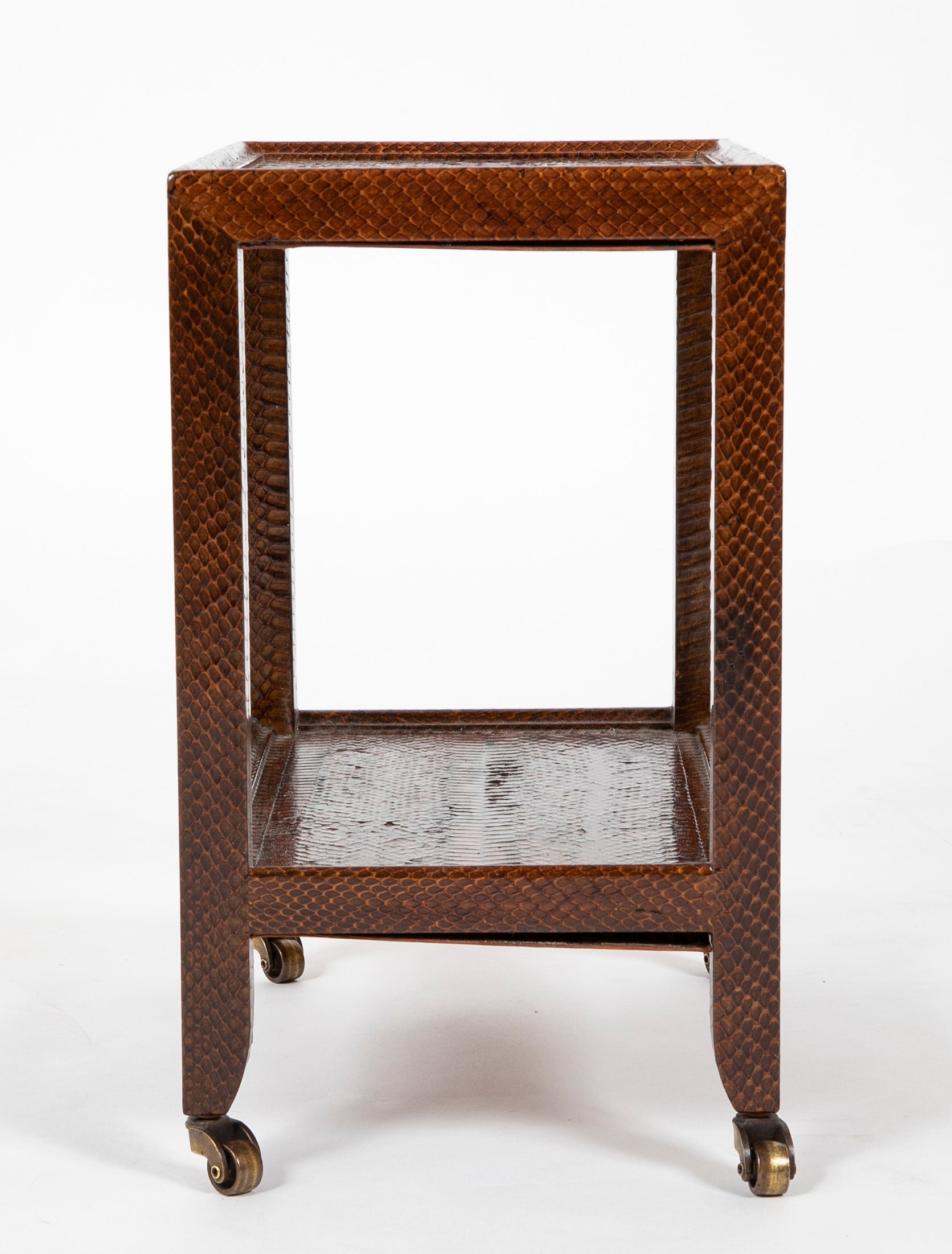 Pair of Karl Springer Snake Skin Two Tier Side Tables on Brass Casters
