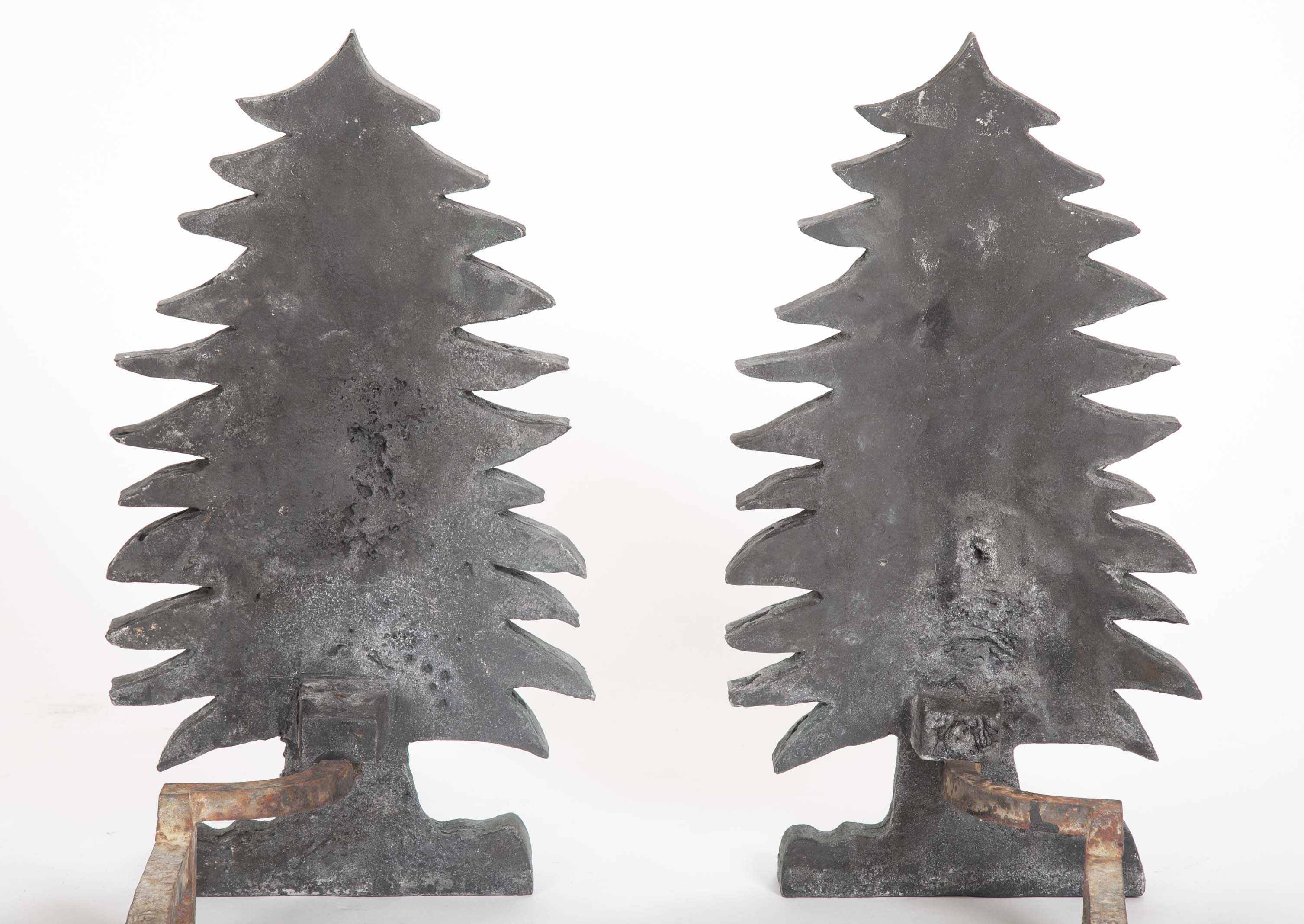 Unique Pair of Vintage Evergreen Tree Form Puddle Cast Iron Andirons