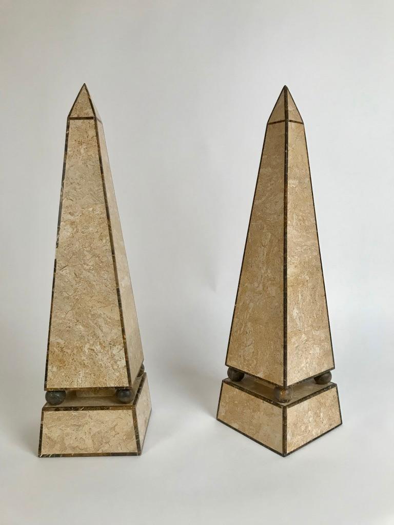 Pair of Obelisks with Travertine and Marble Veneer Attributed to Maitland Smith