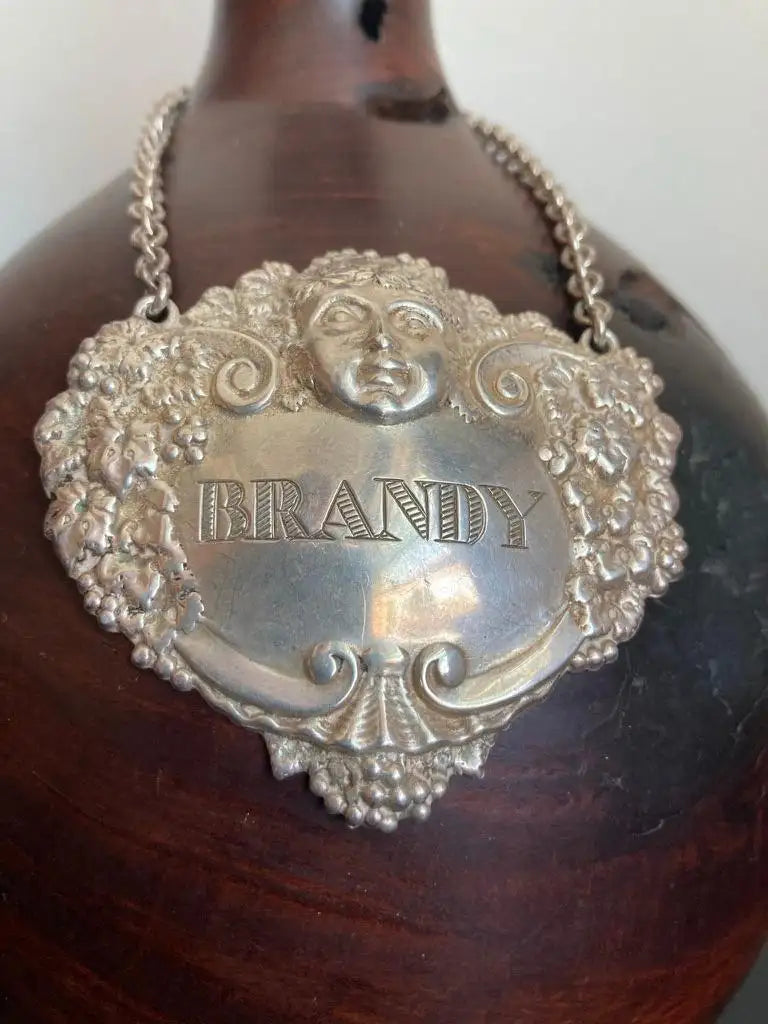 English Sterling Silver Brandy Carafe Label with Dionysus