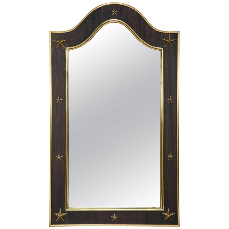 Jacques Adnet Wood and Brass Mirror with Brass Stars