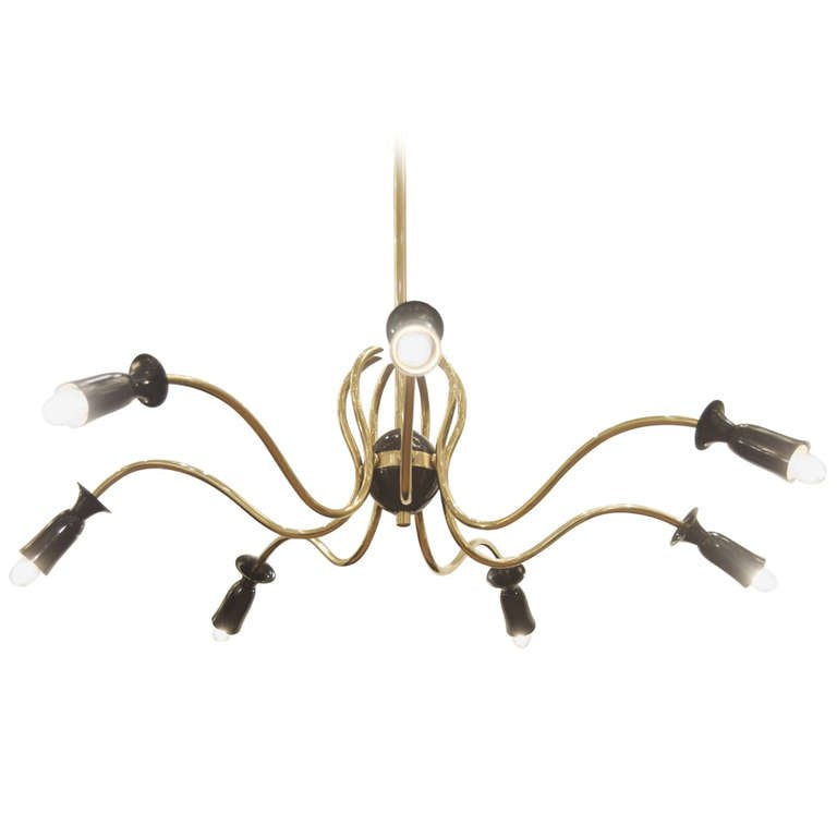 Unusual Sinusoidal Chandelier in Brass and Black Enamel in the Style of Stilnovo