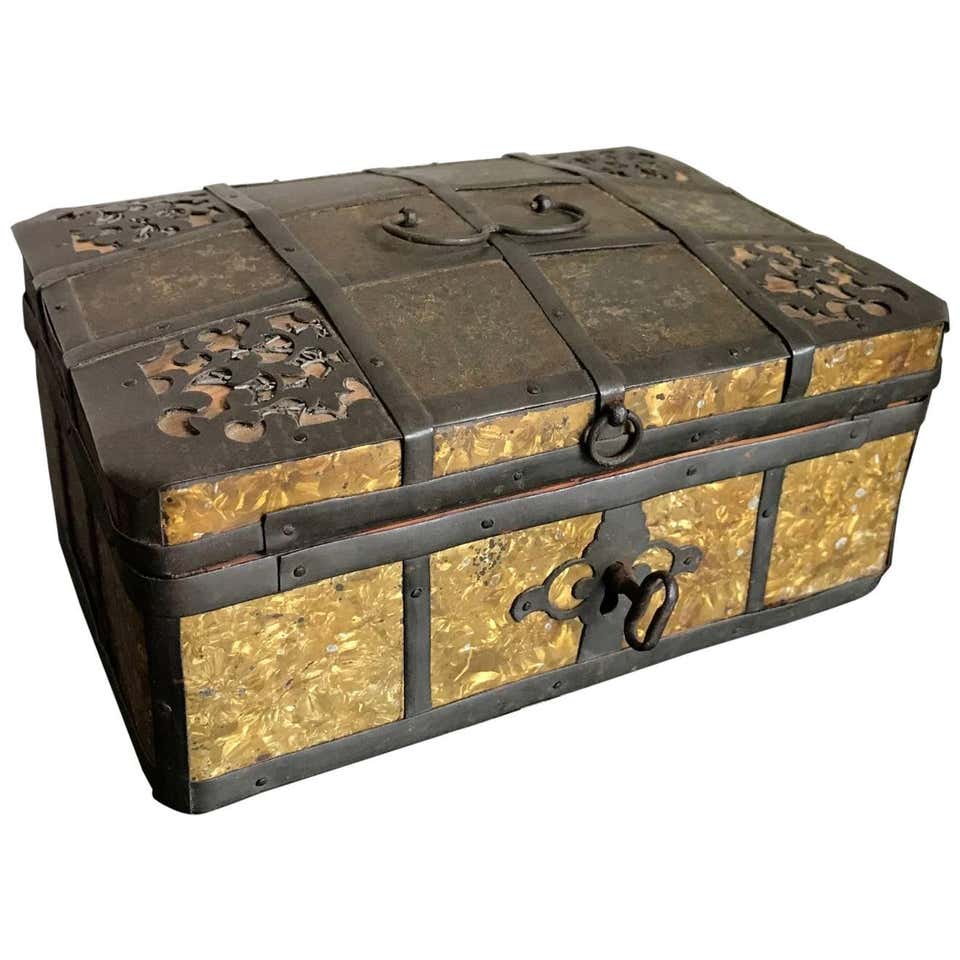 Russian Gilt Iron-Bound Box with Original Key