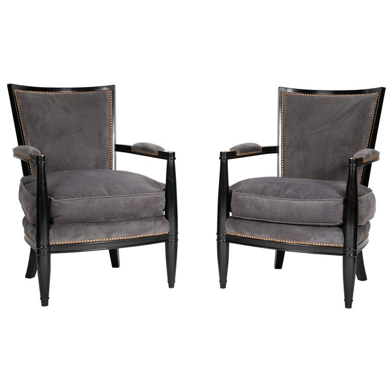 Pair of Ebonized Open Arm Chairs French Directoire in the Manner of Andre Arbus
