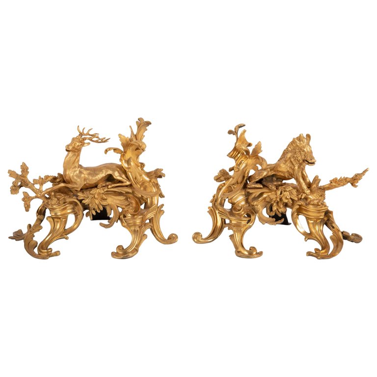Fabulous Pair of 19th Century Louis XV Style D'ore Bronze Chenets/Andirons