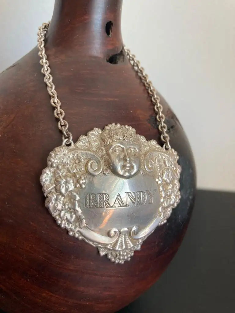 English Sterling Silver Brandy Carafe Label with Dionysus