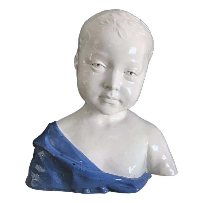 19th Century Glazed Ceramic Bust of a Boy by Cantagalli, Florence, Italy