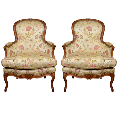 Pair of French Louis XV Walnut Bergere Chairs