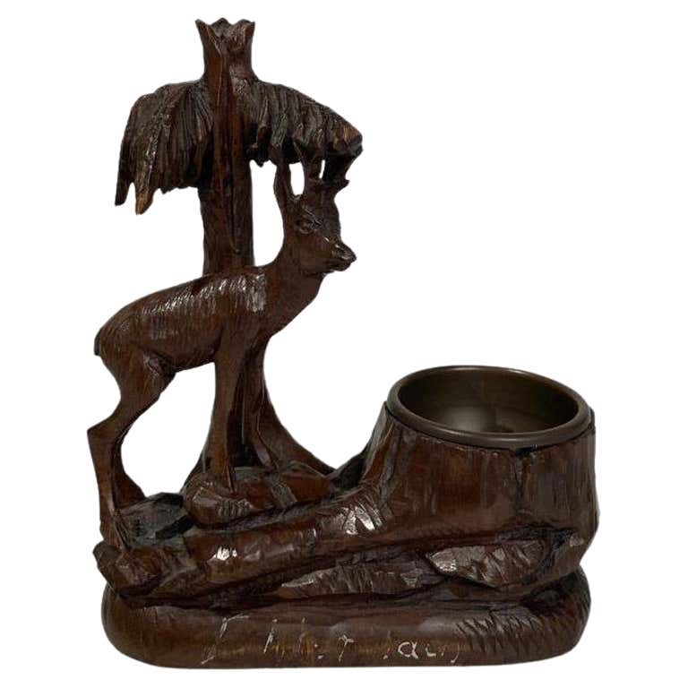 19th Century Swiss Black Forest Carving of a Stag and Tree Nut Dish