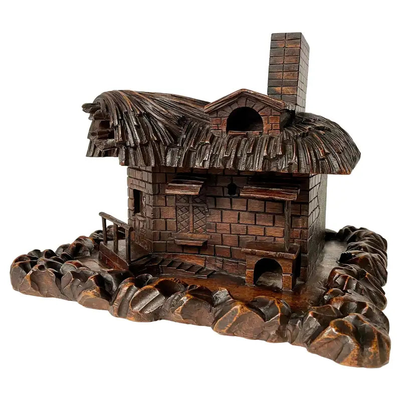 19th Century Swiss Black Forest Carved Thatched Roof Cottage Box
