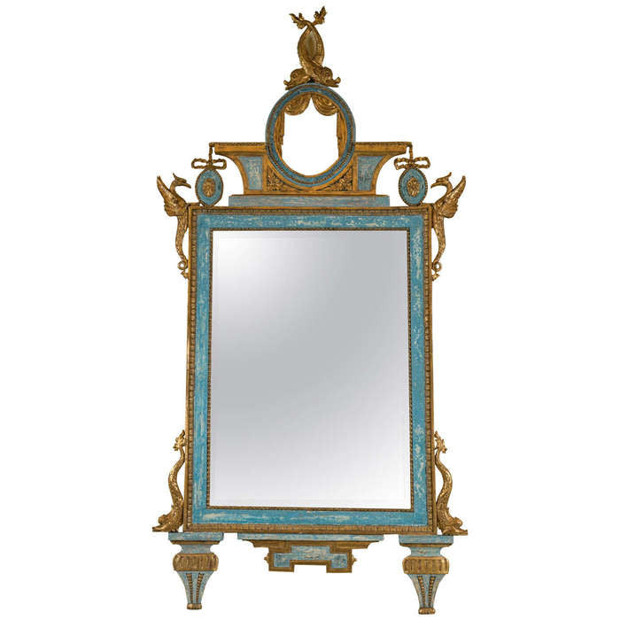 Gilt & Blue Painted Italian Looking Glass