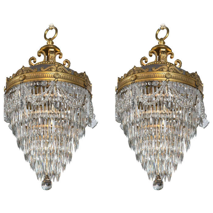 Pair of Bronze & Crystal Drop Chandeliers