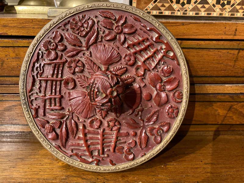 Chinese Carved Cinnabar and Brass Hand Mirror