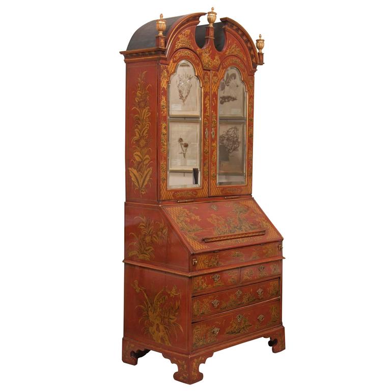 English Scarlet Gilt and Polychrome Japanned Secretary