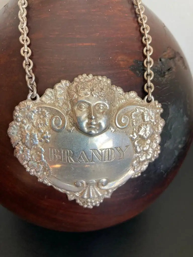 English Sterling Silver Brandy Carafe Label with Dionysus
