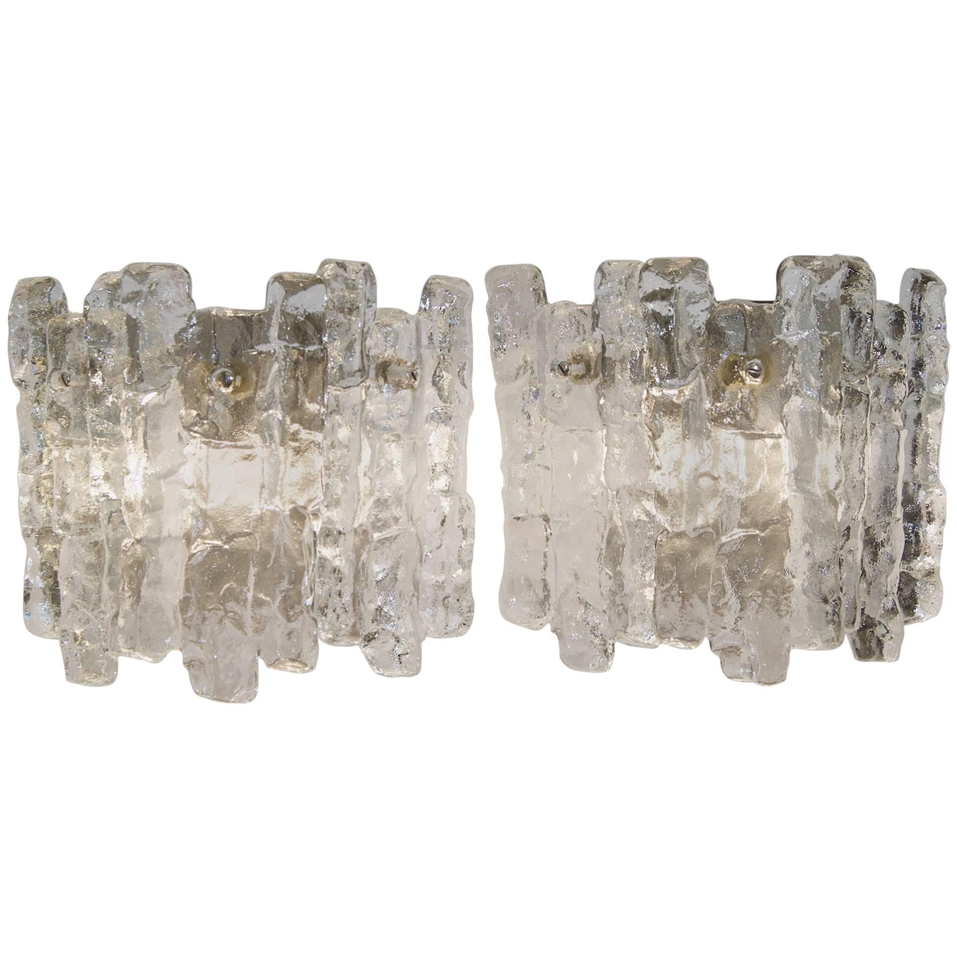 "Sierra" Ice Glass Wall Sconces with Nickel Tone Backplate by Kalmar Franken KG