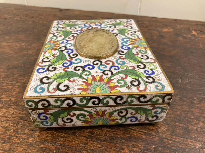 Chinese Cloisonne Box with Carved Jade Inset Medallion