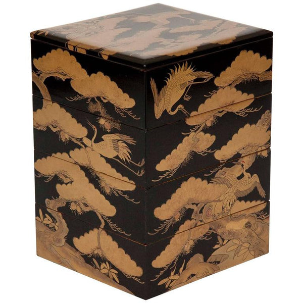 Japanese Black Lacquer Jubako Box with Stork Motif Japanese Black Lacquer Jubako Box with Stork Motif